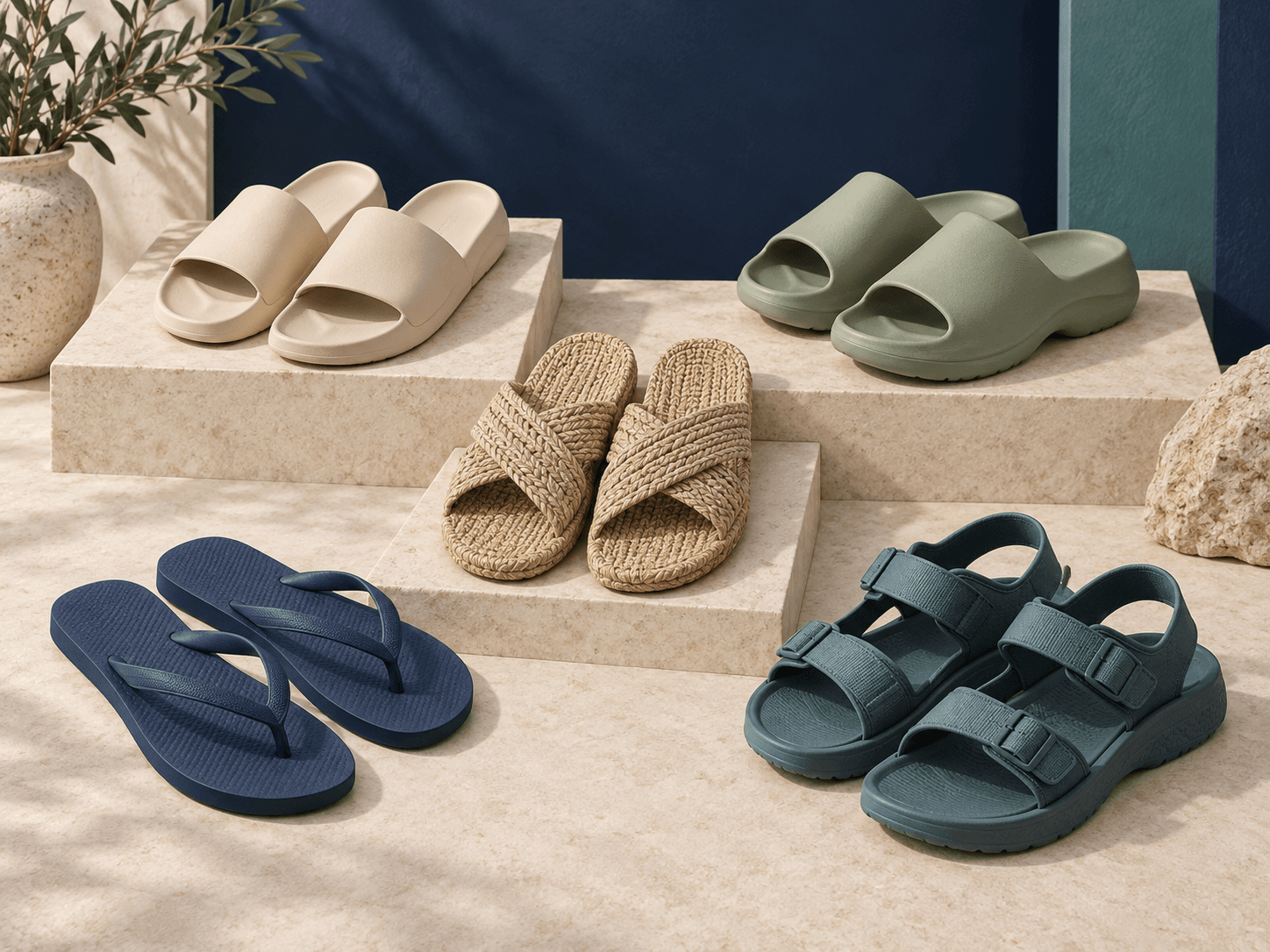 A curated collection of slides and slippers