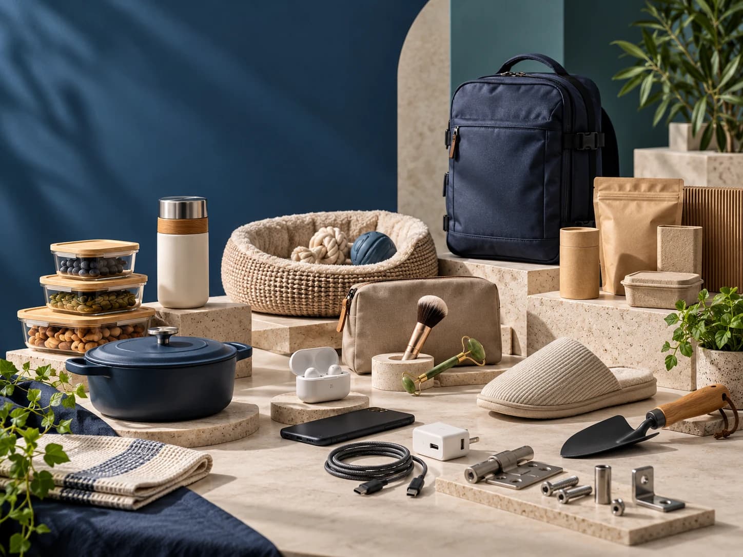 A cross-category collection of unbranded home, travel, pet, beauty, garden, electronic accessory, packaging, and hardware products